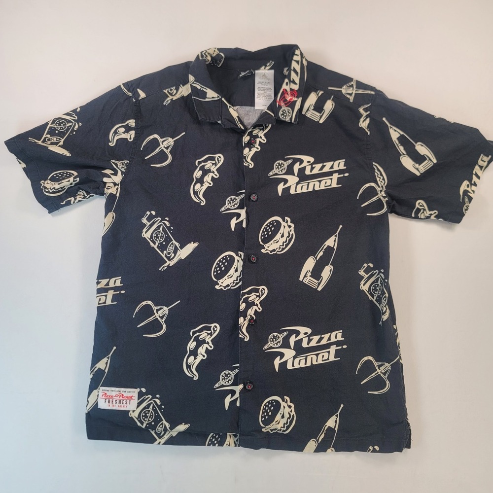 Disney Pixar Toy Story Pizza Planet Mens M Button Up Shirt Organic Cotton AOP